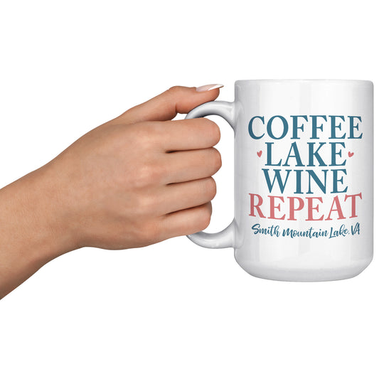 Coffee Lake Wine Repeat - Smith Mountain Lake Funny Coffee Mug
