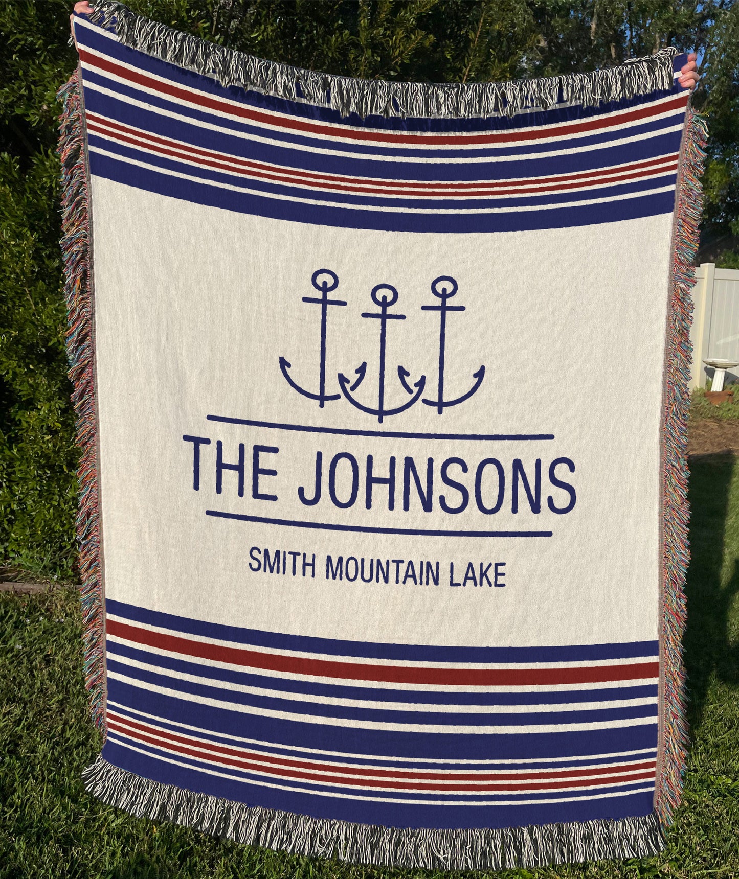 Personalized Nautical Boat Blanket - Custom Lake House Woven Cotton Throw