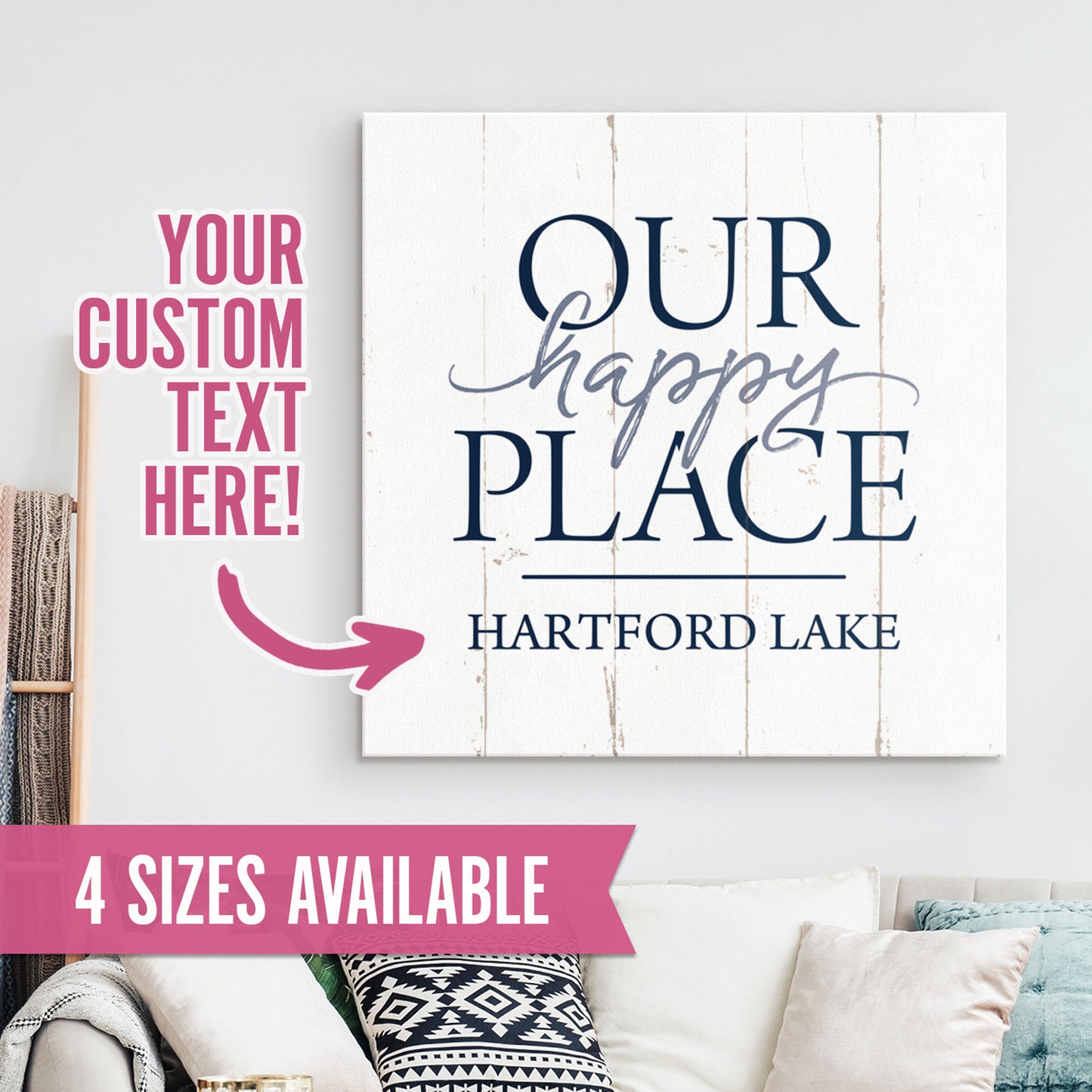 Our Happy Place - Custom Canvas Wall Sign - Lake House Home Decor